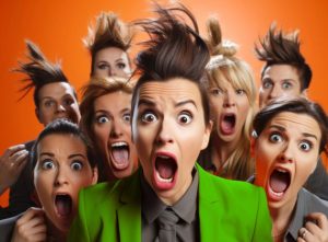 mulheres com cabelos em pé, bocas abertas e olhos arregalados