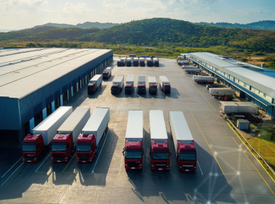 caminhões em um pátio logítico