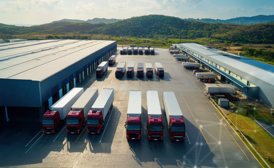 caminhões em um pátio logítico